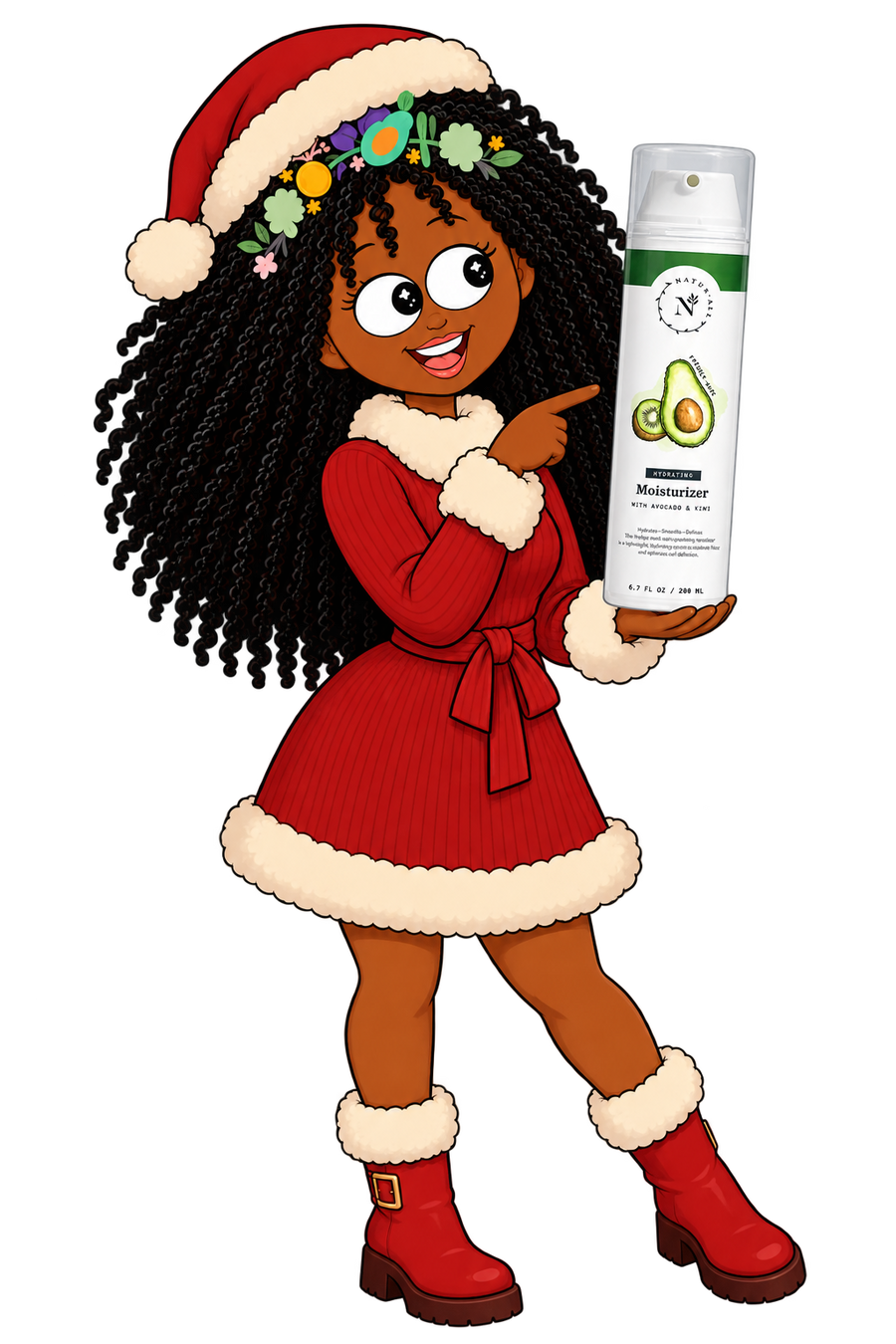 Ivy in a holiday outfit holding NaturALL Hydrating Moisturizer